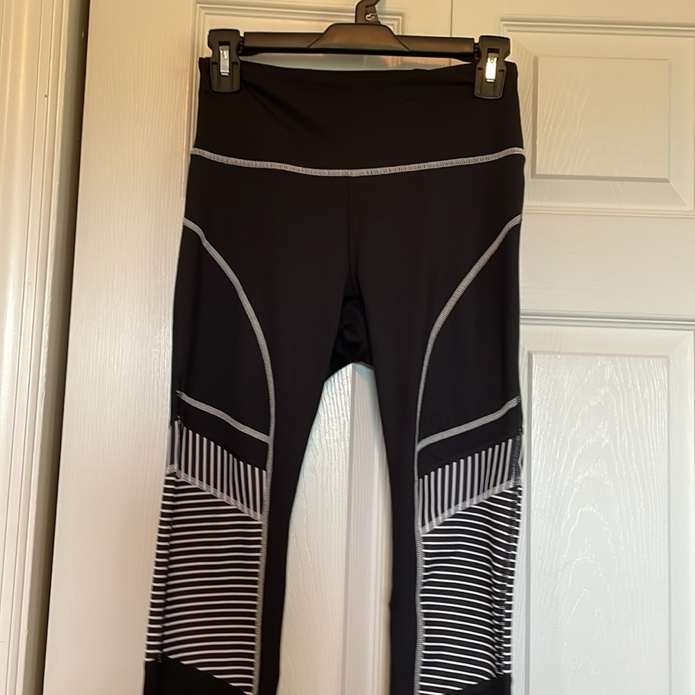 Women’s Fila sport sz S yoga athletic workout pants black white stripes on legs